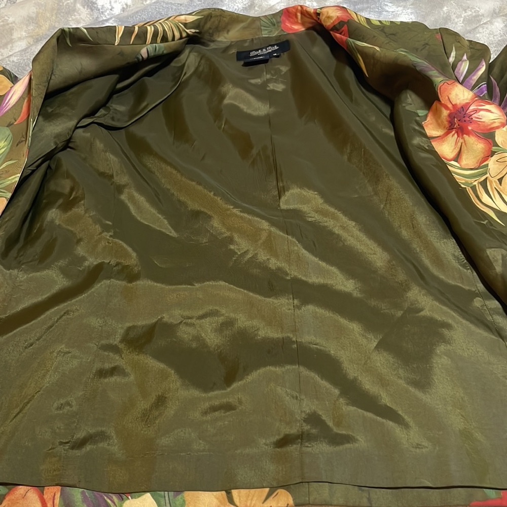 Peck & Peck Collection Women’s SZ 14 Floral Olive Open Front Silk Blend Blazer - Picture 8 of 13